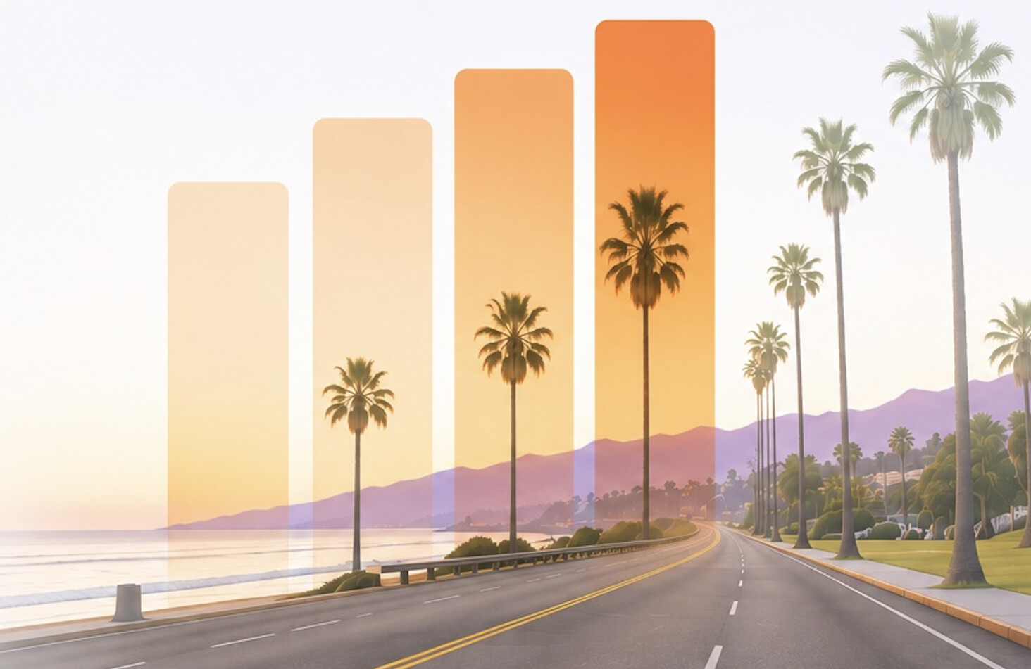 Palm-lined California road at sunset